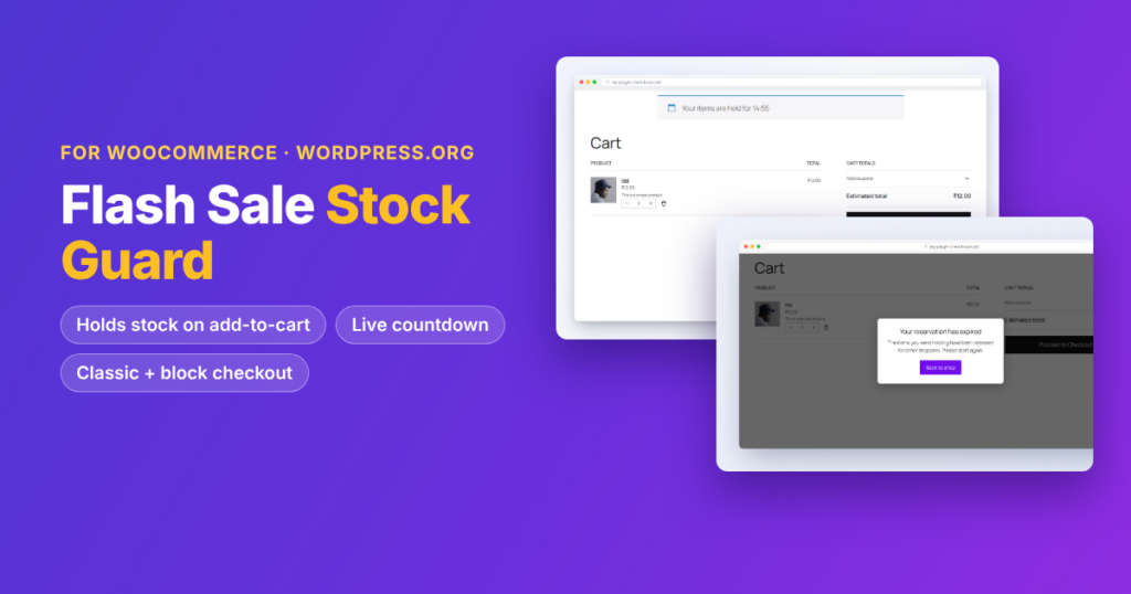Flash Sale Stock Guard: a WooCommerce cart with a live stock-hold countdown and a reservation-expired message