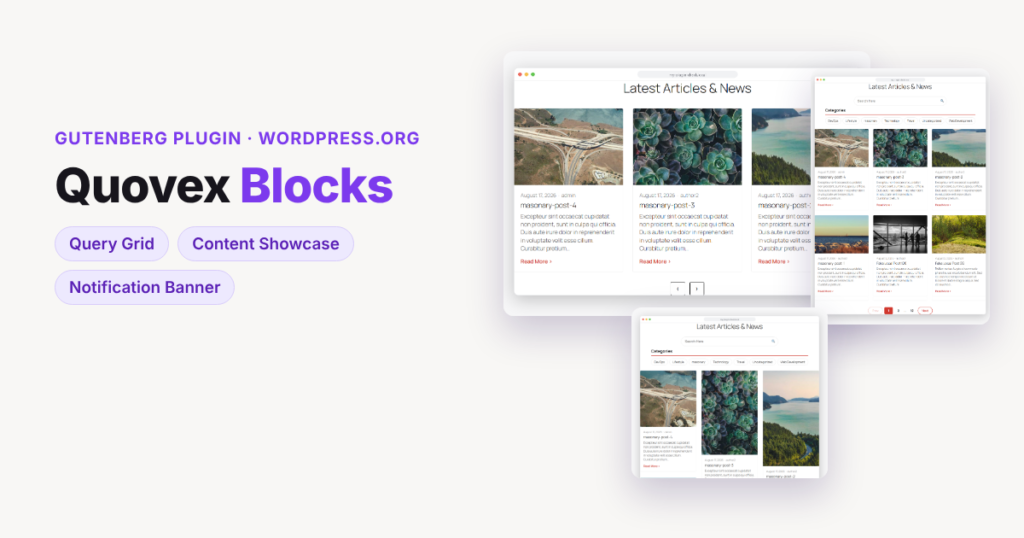 Quovex Blocks: a filterable post grid with article cards, category chips and pagination